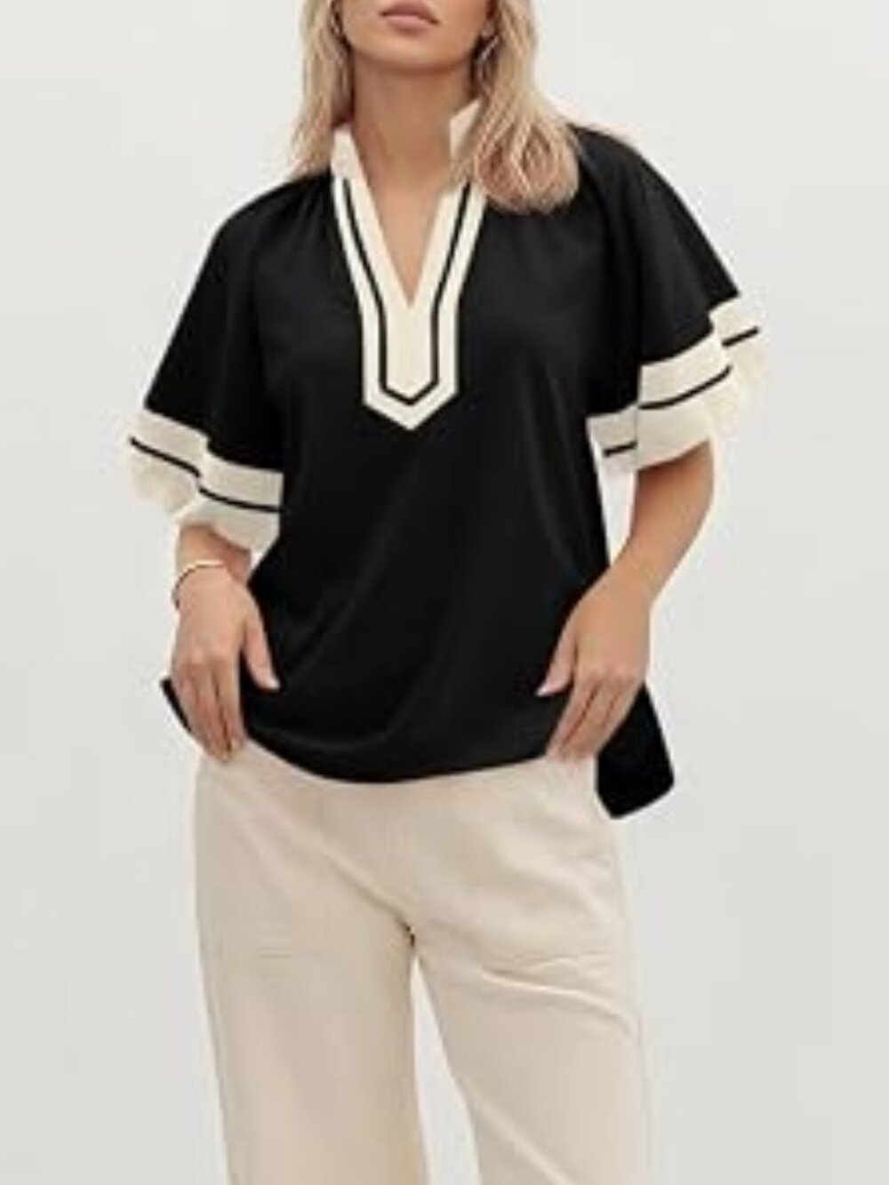 Cicy Bell Color Block Puff Half Sleeve V Neck Blouse